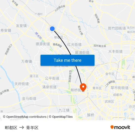 郫都区 to 青羊区 map