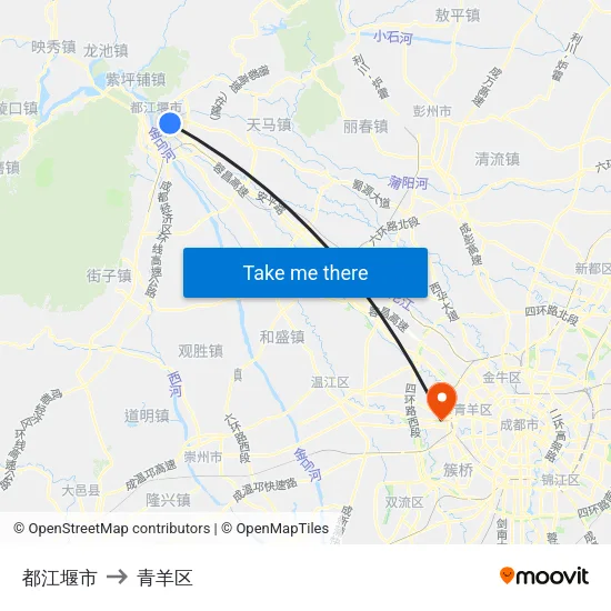 都江堰市 to 青羊区 map