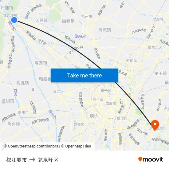 都江堰市 to 龙泉驿区 map