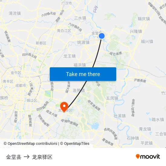 金堂县 to 龙泉驿区 map