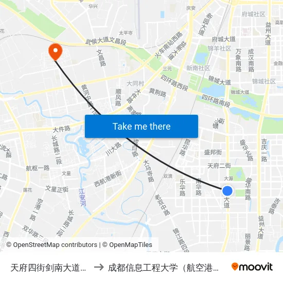 天府四街剑南大道口站 to 成都信息工程大学（航空港校区） map