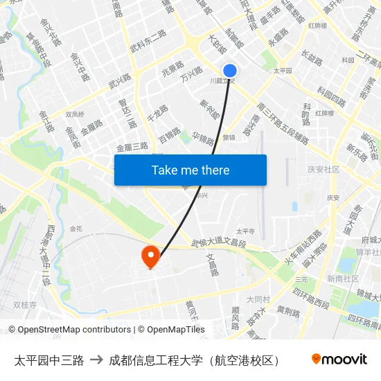 太平园中三路 to 成都信息工程大学（航空港校区） map