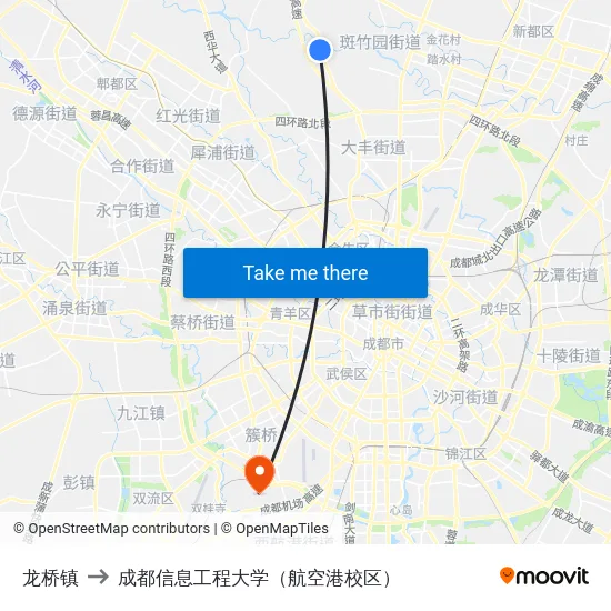 龙桥镇 to 成都信息工程大学（航空港校区） map