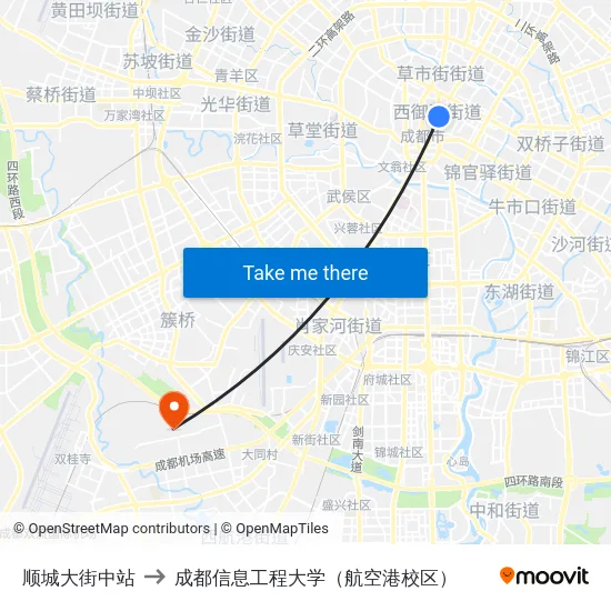 顺城大街中站 to 成都信息工程大学（航空港校区） map