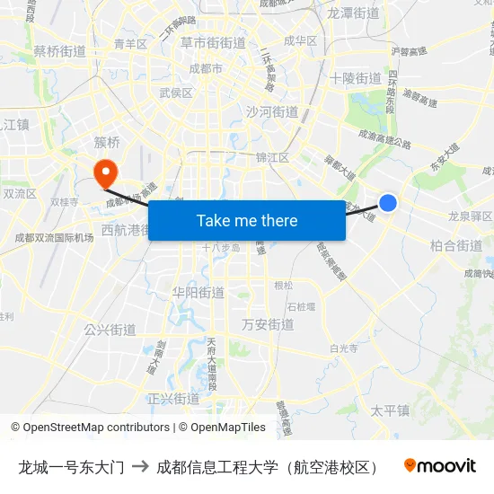 龙城一号东大门 to 成都信息工程大学（航空港校区） map