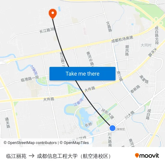 临江丽苑 to 成都信息工程大学（航空港校区） map