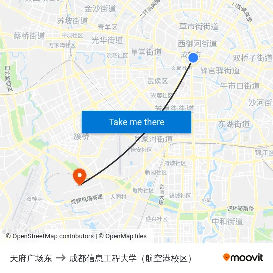 天府广场东 to 成都信息工程大学（航空港校区） map