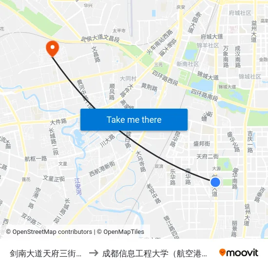 剑南大道天府三街口站 to 成都信息工程大学（航空港校区） map