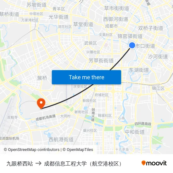 九眼桥西站 to 成都信息工程大学（航空港校区） map