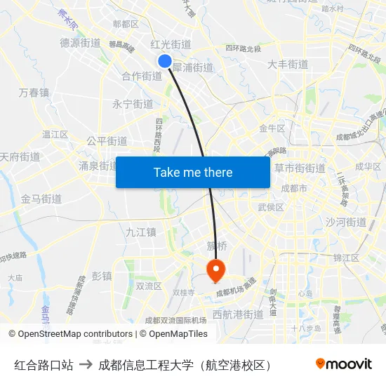红合路口站 to 成都信息工程大学（航空港校区） map