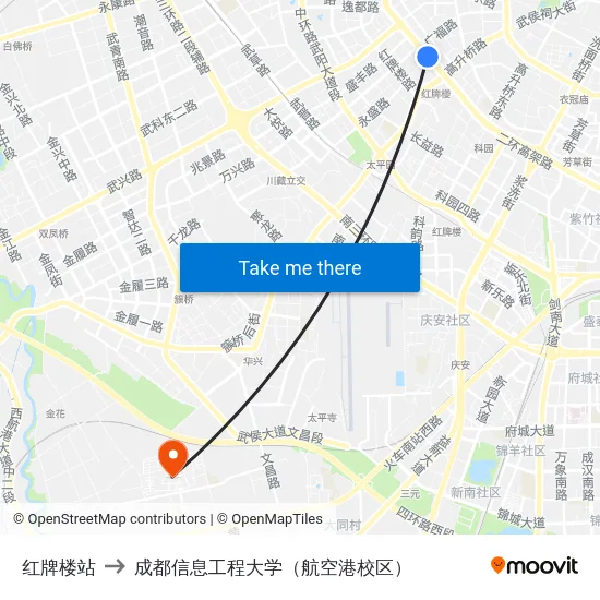 红牌楼站 to 成都信息工程大学（航空港校区） map