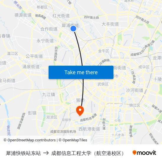 犀浦快铁站东站 to 成都信息工程大学（航空港校区） map