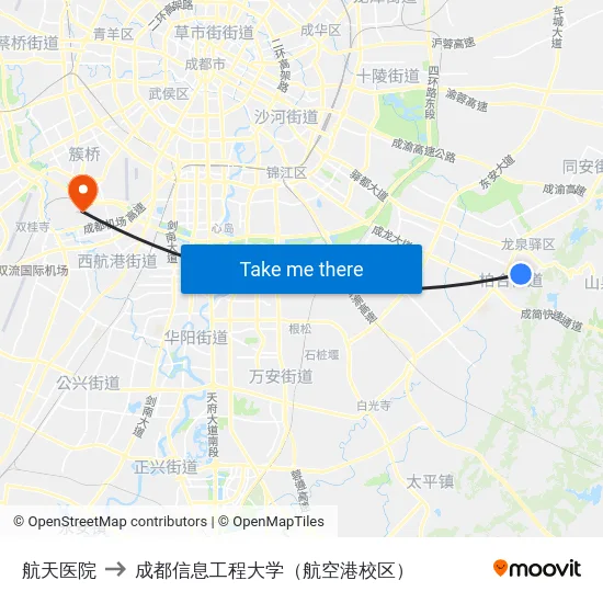 航天医院 to 成都信息工程大学（航空港校区） map
