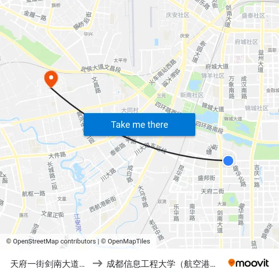 天府一街剑南大道口站 to 成都信息工程大学（航空港校区） map