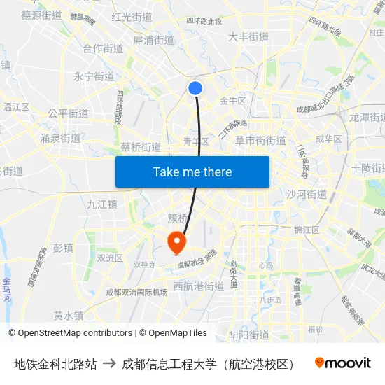 地铁金科北路站 to 成都信息工程大学（航空港校区） map