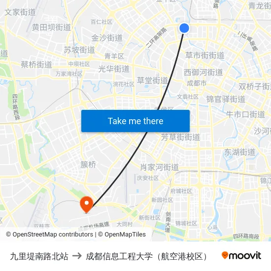 九里堤南路北站 to 成都信息工程大学（航空港校区） map