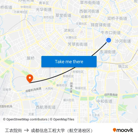 工农院街 to 成都信息工程大学（航空港校区） map