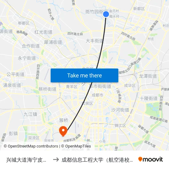 兴城大道海宁皮革城 to 成都信息工程大学（航空港校区） map