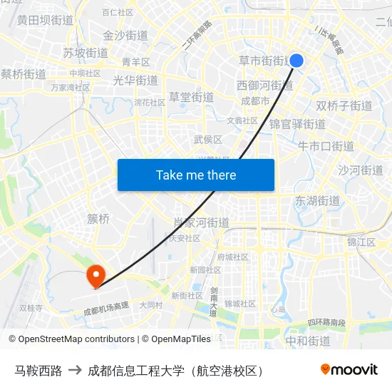 马鞍西路 to 成都信息工程大学（航空港校区） map