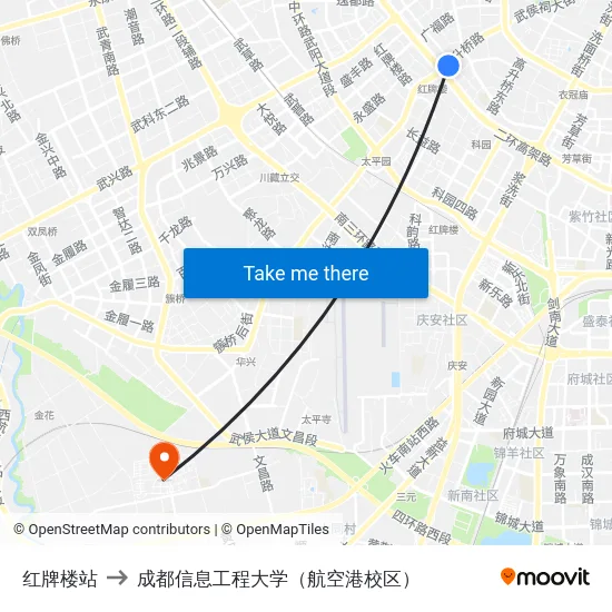 红牌楼站 to 成都信息工程大学（航空港校区） map