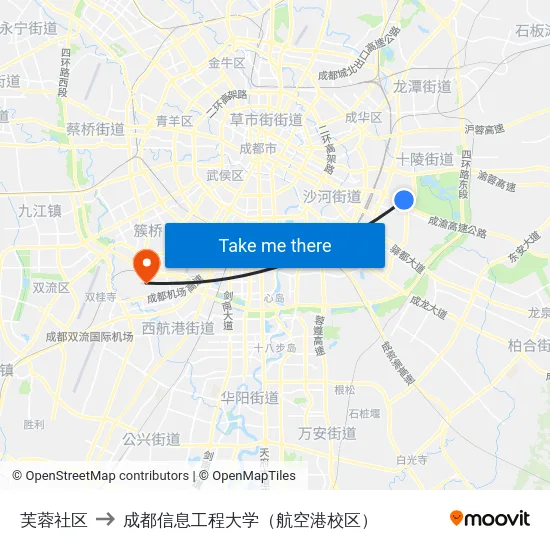 芙蓉社区 to 成都信息工程大学（航空港校区） map