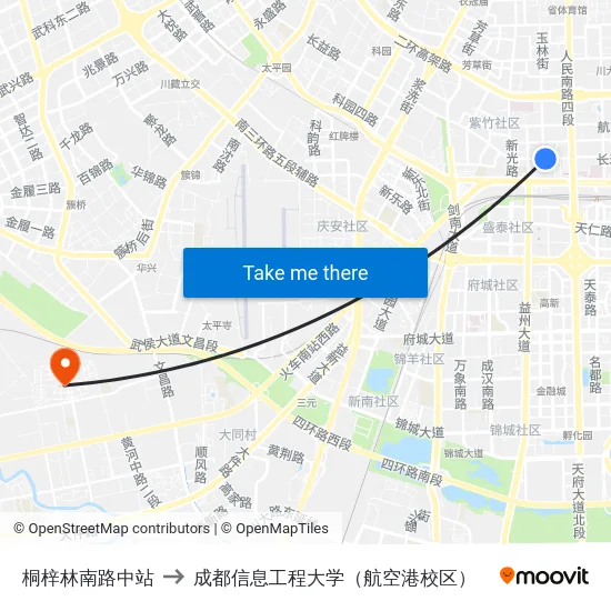 桐梓林南路中站 to 成都信息工程大学（航空港校区） map