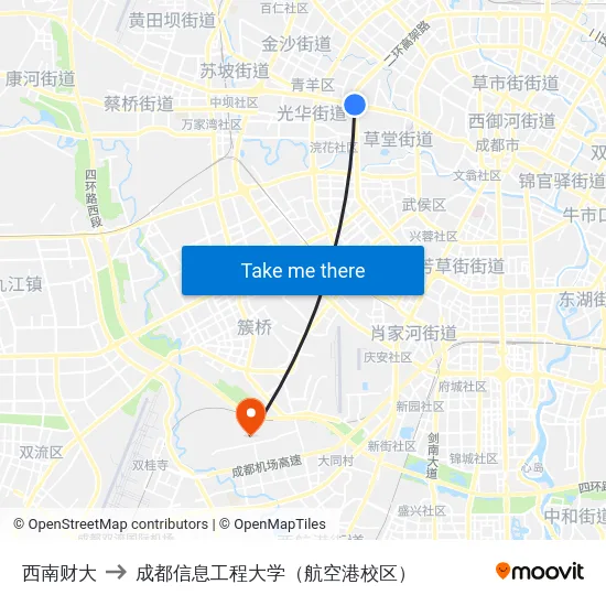 西南财大 to 成都信息工程大学（航空港校区） map