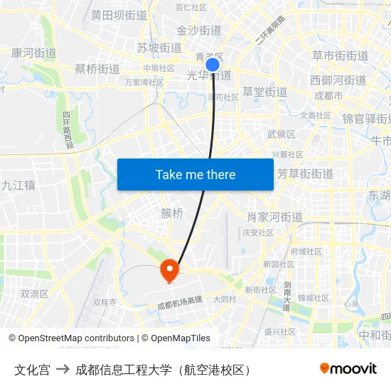 文化宫 to 成都信息工程大学（航空港校区） map