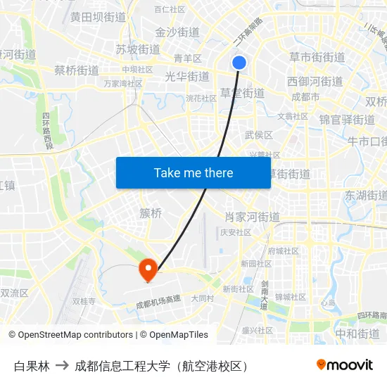 白果林 to 成都信息工程大学（航空港校区） map