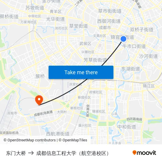 东门大桥 to 成都信息工程大学（航空港校区） map