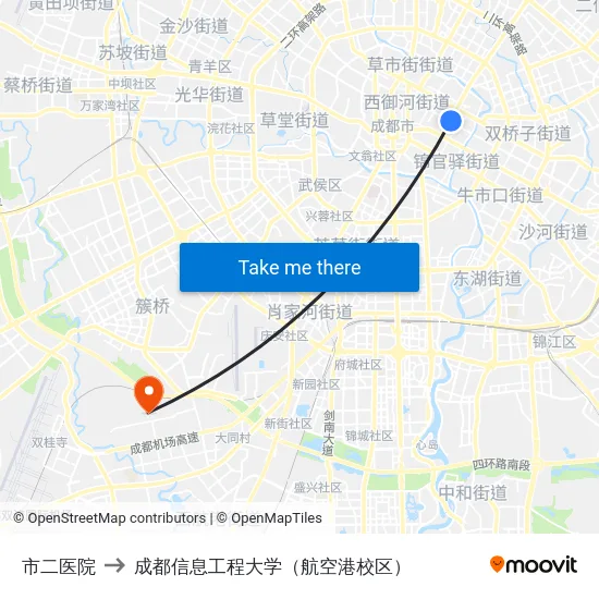 市二医院 to 成都信息工程大学（航空港校区） map
