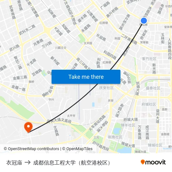 衣冠庙 to 成都信息工程大学（航空港校区） map