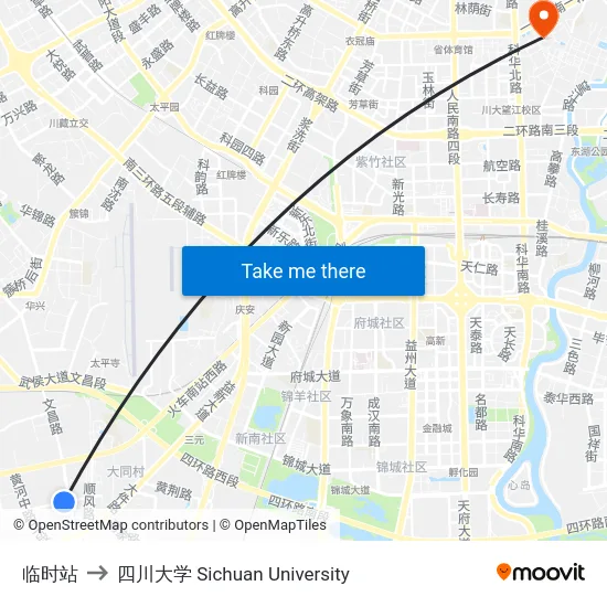 临时站 to 四川大学 Sichuan University map