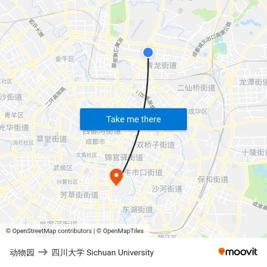 动物园 to 四川大学 Sichuan University map