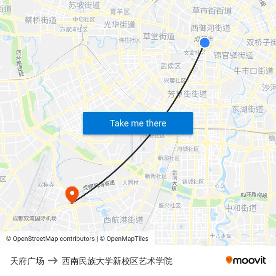天府广场 to 西南民族大学新校区艺术学院 map
