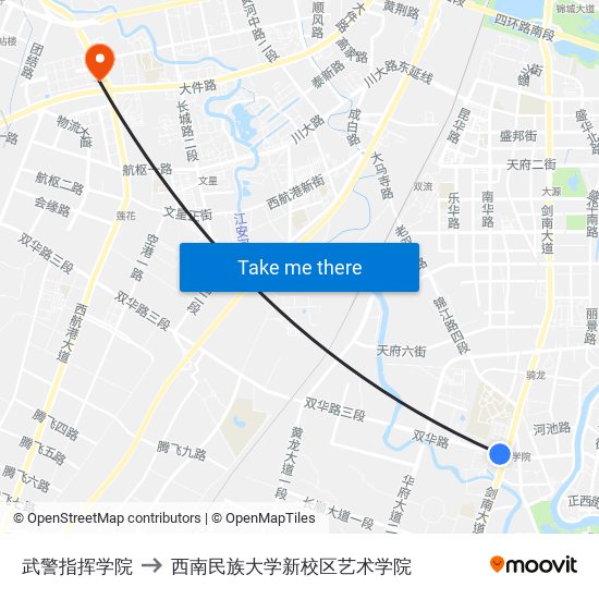 武警指挥学院 to 西南民族大学新校区艺术学院 map