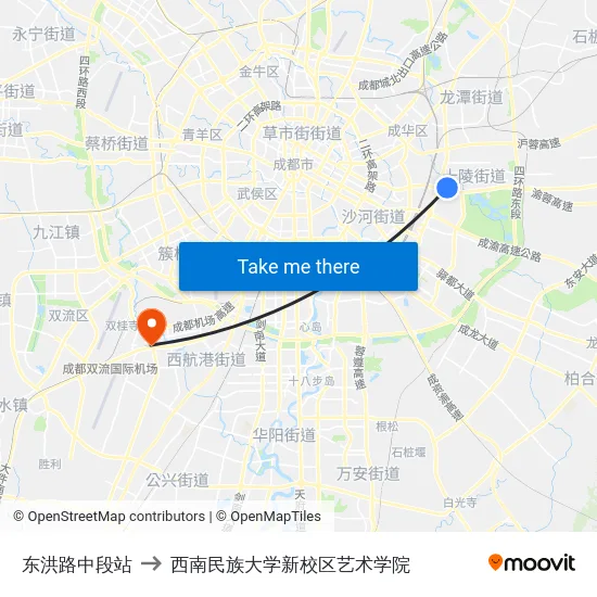 东洪路中段站 to 西南民族大学新校区艺术学院 map
