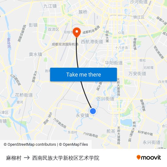 麻柳村 to 西南民族大学新校区艺术学院 map