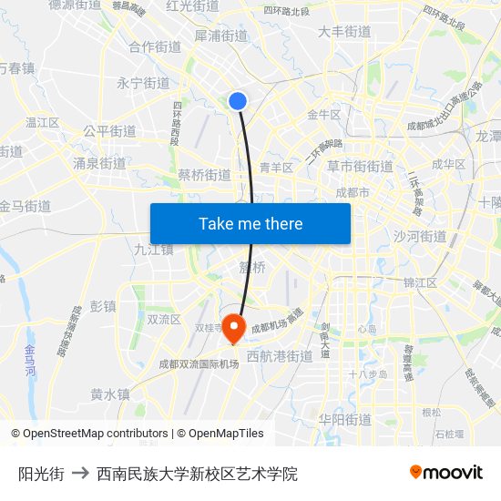 阳光街 to 西南民族大学新校区艺术学院 map