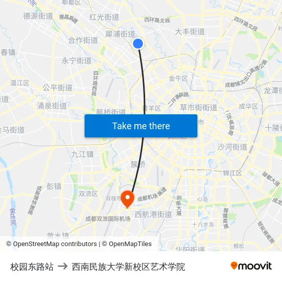 校园东路站 to 西南民族大学新校区艺术学院 map