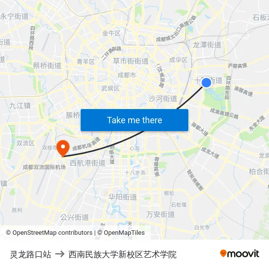 灵龙路口站 to 西南民族大学新校区艺术学院 map