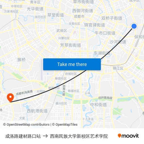 成洛路建材路口站 to 西南民族大学新校区艺术学院 map