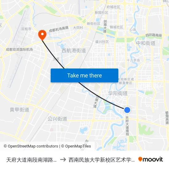 天府大道南段南湖路口 to 西南民族大学新校区艺术学院 map
