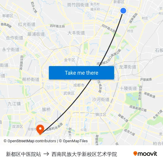 新都区中医院站 to 西南民族大学新校区艺术学院 map