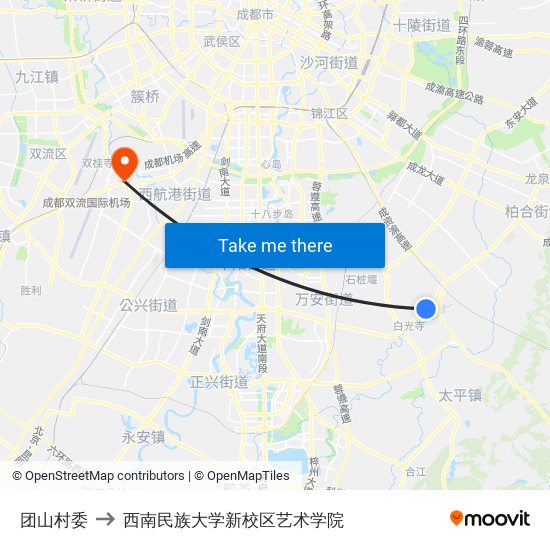 团山村委 to 西南民族大学新校区艺术学院 map