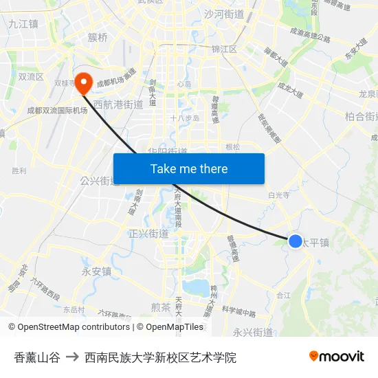 香薰山谷 to 西南民族大学新校区艺术学院 map