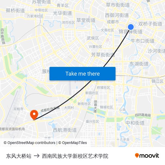 东风大桥站 to 西南民族大学新校区艺术学院 map