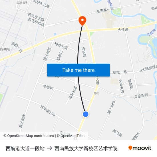 西航港大道一段站 to 西南民族大学新校区艺术学院 map