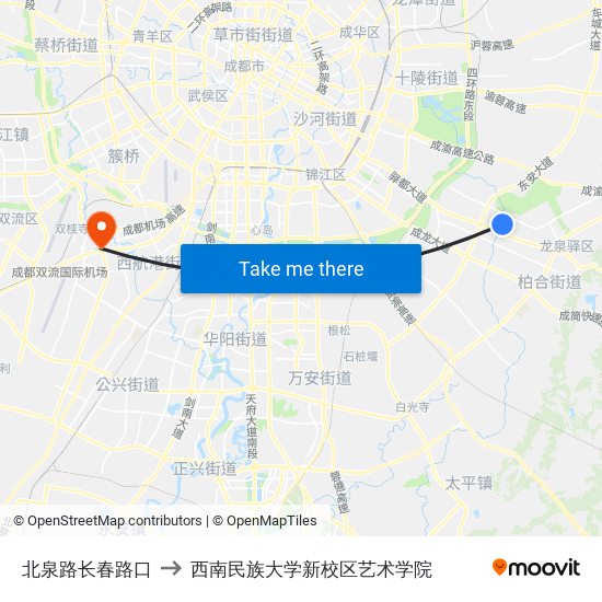 北泉路长春路口 to 西南民族大学新校区艺术学院 map