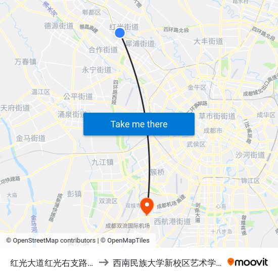 红光大道红光右支路口 to 西南民族大学新校区艺术学院 map